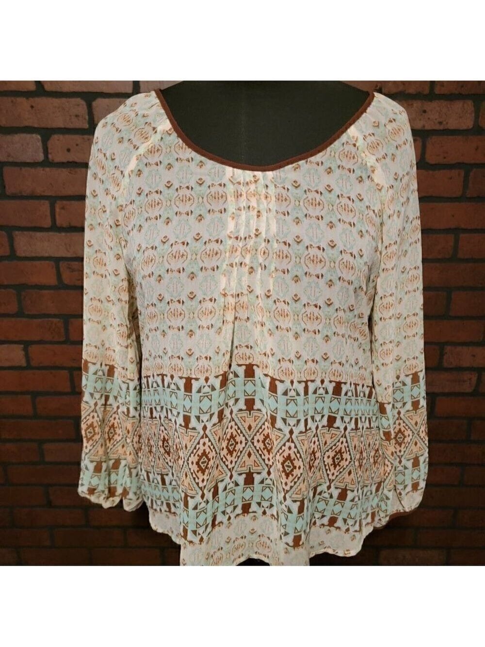 Blu Pepper long sleeve blouse - Size Med. Brown/Mint/Cream